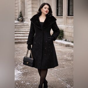 Donnybrook Vintage Black Wool Coat Faux Fur Collar Plus Size 20 Made in Russia